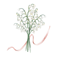 Watercolor arrangement with bouquets of delicate spring lilies of the valley and ribbon. Design for printing postcards, invitations to spring. isolated white spring flowers hand drawn png