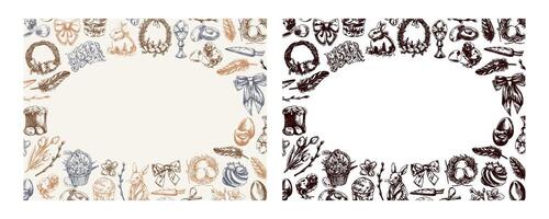 Easter vintage hand drawn frame set with pastel and monochrome sketches vector