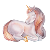 Watercolor hand drawn illustration of the Unicorn sitting. Cute rainbow color horse for Baby shower invitations or nursery wall art. Pastel Fantasy pony for kids greeting cards. png