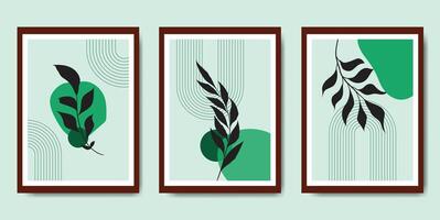 Modern abstract art backgrounds set with botanical leaves and abstract geometric shapes vector