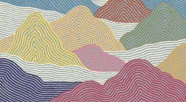 Cute and colorful hand drawn brush line abstract wave and mountains background, Japanese, ethnic folk wood carving, engraving, sculpting textured surface pattern, simple graphic for textile, carpet, vector