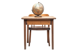 Wooden table with globe in a minimalist setting highlighting education and exploration png
