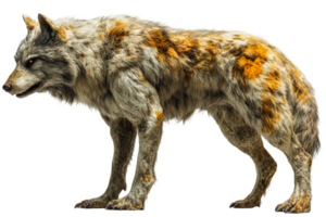 Detailed depiction of a unique wolf with distinct fur patterns in a natural setting png