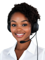 Customer service representative assisting clients with headset in bright setting png