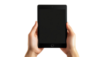 User interacting with tablet device in minimalist setting png