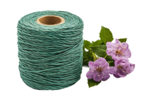 Crafting with green twine and purple flowers in a rustic setting png