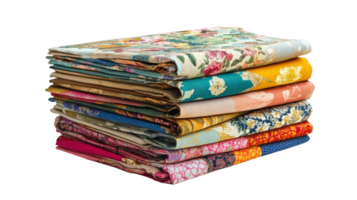 Beautifully arranged stack of colorful fabric squares at a craft studio workspace png