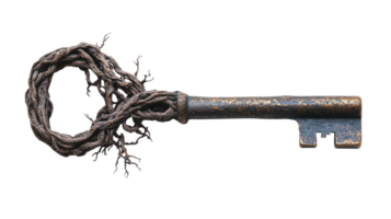 Unique key entwined with dark roots, symbolizing mystery and nature's connection png