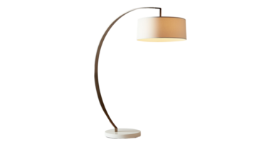 Elegant floor lamp with a curved design featuring a white shade and polished base png
