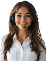 Smiling customer service representative engaged in support call at a modern office png