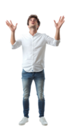 a man standing with his hands up on a transparent background png