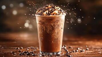 Iced coffee with whipped cream and chocolate syrup photo