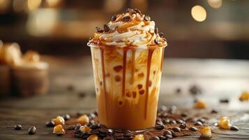 Iced coffee with caramel and whipped cream photo
