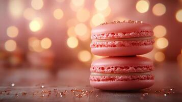 A close-up photograph of two pink macarons with gold sprinkles on top, placed on a light-colored surface. photo