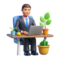 vibrant minimalist Businessman Working at Desk with Laptop and Plants authentic png