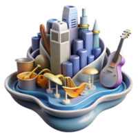 magnificent traditional 3D Cityscape with Musical Instruments and Abstract Objects professional png