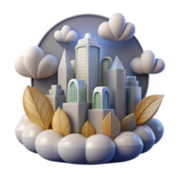 serene rustic Cityscape Illustration Clouds, Leaves, and Urban Architecture premium png