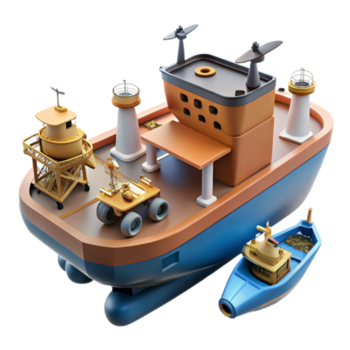 magnífico abstrato marítimo embarcação com robótico guindaste e pequeno barco profissional png