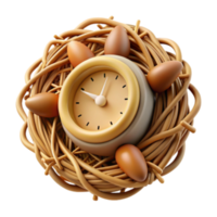 elegant contemporary Clock in a Nest with Eggs Time, Spring, and New Life high quality png