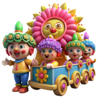 vibrant rustic Joyful Flower Festival Parade Cute Cartoon Characters in a Wagon authentic png
