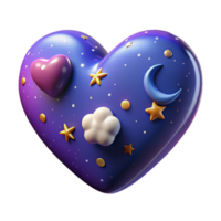 magnificent rustic Night Sky Heart 3D Render of a Purple Heart with Stars, Moon, and Clouds premium png