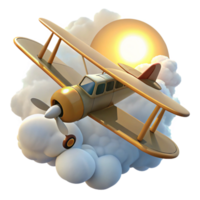 elegant contemporary Vintage Biplane 3D Render Sun Clouds high resolution png