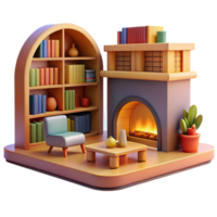 elegant minimalist Cozy 3D Render of Fireplace and Bookshelf detailed png