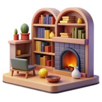 elegant modern Cozy 3D Render of Fireplace and Bookshelves high quality png