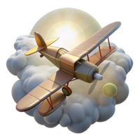 dramatic artistic Golden Biplane in Clouds 3D Render exclusive png