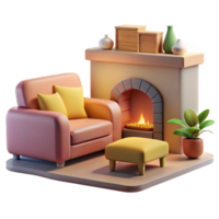 beautiful classic Cozy 3D Render of Fireplace and Armchair high resolution png