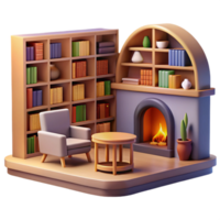 vibrant classic Cozy 3D Room Illustration Fireplace, Bookshelves, and Chair detailed png