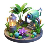 dramatic classic 3D Render of a Robot in a Miniature Garden authentic png