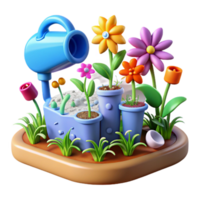 beautiful rustic Watering Can Colorful Flowers in Pots 3D Garden Scene authentic png