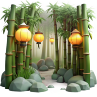 stunning traditional 3D Bamboo Forest with Lanterns Illustration high resolution png
