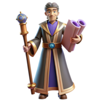 impressive classic 3D Render Cartoon Wise Wizard with Scroll professional png