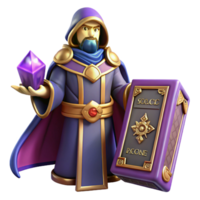 dramatic artistic Wizard 3D Render, Fantasy Mage with Gem and Book high quality png