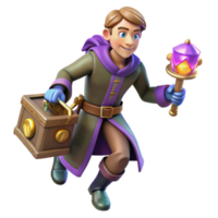 serene rustic 3D Render Young Mage Running with Chest and Scepter high quality png