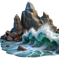 wonderful rustic Stylized 3D Ocean Wave Crashing on Rocks Illustration authentic png