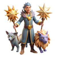 beautiful creative 3D Render Fantasy Wizard with Animals original png