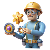 serene rustic 3D Cartoon Engineer with Gears and Star high resolution png