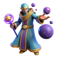 extraordinary minimalist 3D Cartoon Wizard with Magic Staff and Orbs authentic png