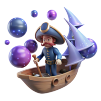 elegant minimalist 3D Cartoon Captain on a Magical Boat high resolution png