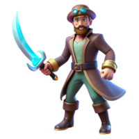 vibrant vintage 3D Cartoon Adventurer with Glowing Sword detailed png