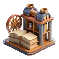 serene rustic 3D Illustration of Book Press Machine with Bookshelf high quality png