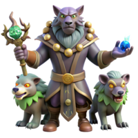 vibrant artistic 3D Render Wolf Wizard and Companions professional png