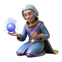 beautiful modern 3D Render Wizard Kneeling with Glowing Orb high resolution png
