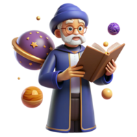 serene minimalist Wise Wizard 3D Render Studying Cosmic Book original png