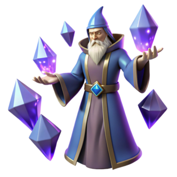 lindo rústico Mago 3d render brilhando cristais detalhado png