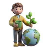 impressive creative 3D Illustration Boy Planting Sapling on Earth genuine png