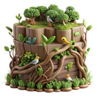 dramatic rustic Whimsical Forest Ecosystem 3D Render of Birds, Trees, and Roots exclusive png
